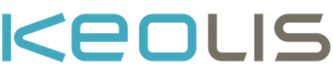 The Keolis logo featuring its name in stylized teal and grey-brown lettering on a black background.