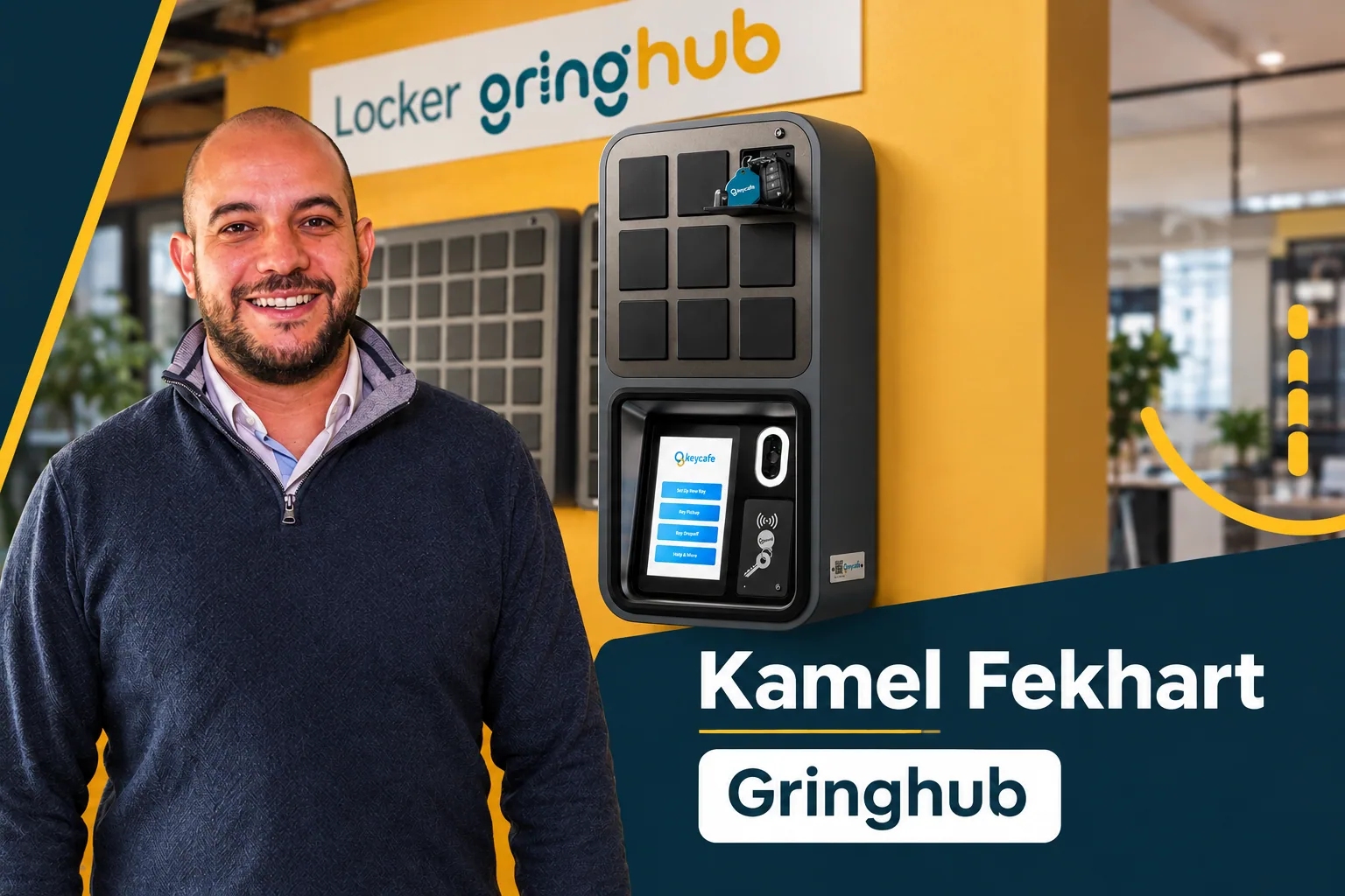 man standing infront of the keycafe smartbox and the Gringhub logo