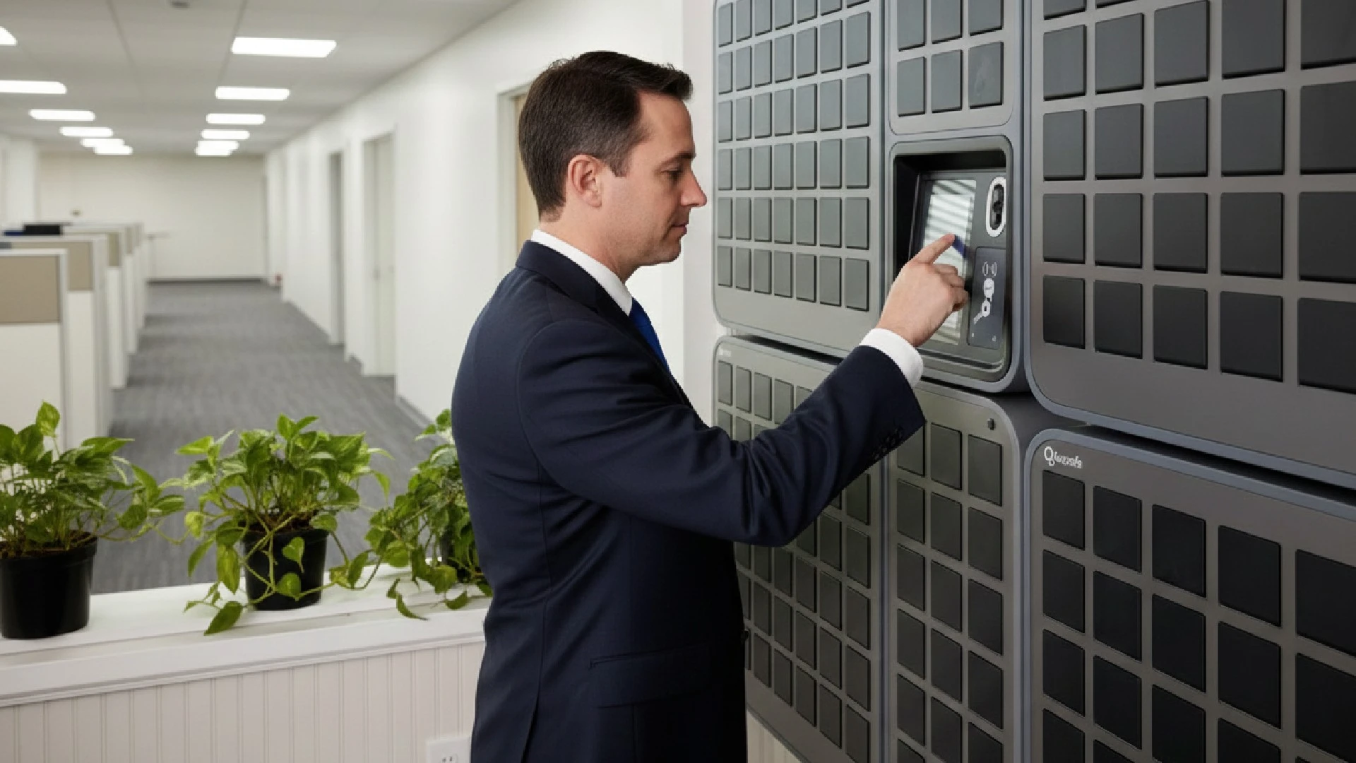 Un homme en costume se tient dans un couloir de bureau moderne et utilise l'écran tactile de la SmartBox Keycafe fixée au mur
