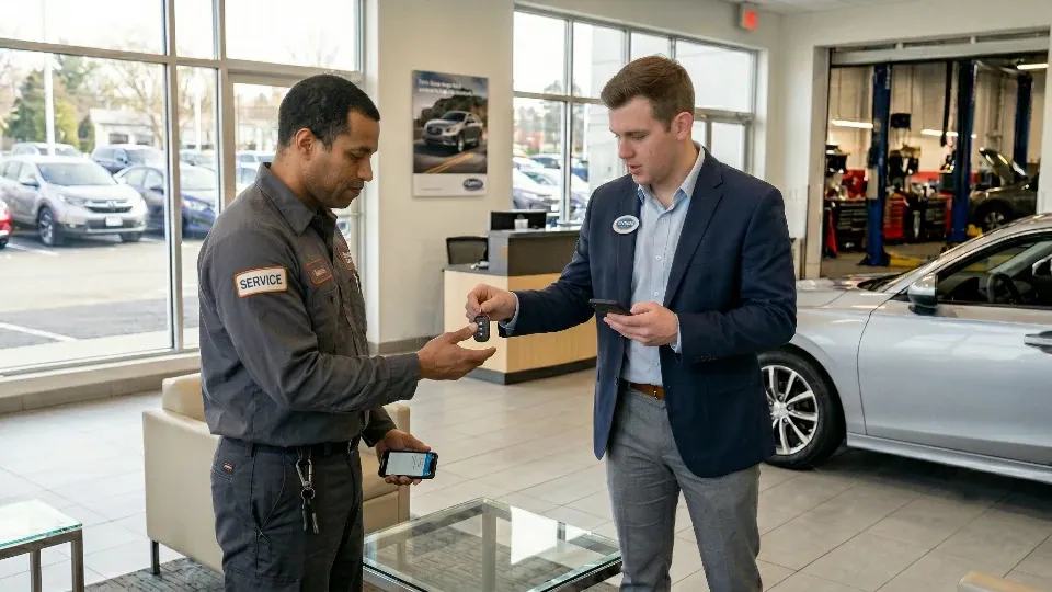 An auto dealership sales employee hands a key to a service employee