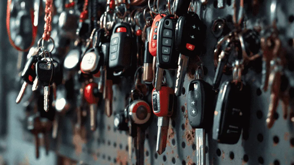 Vehicle keys hanging on a pegboard