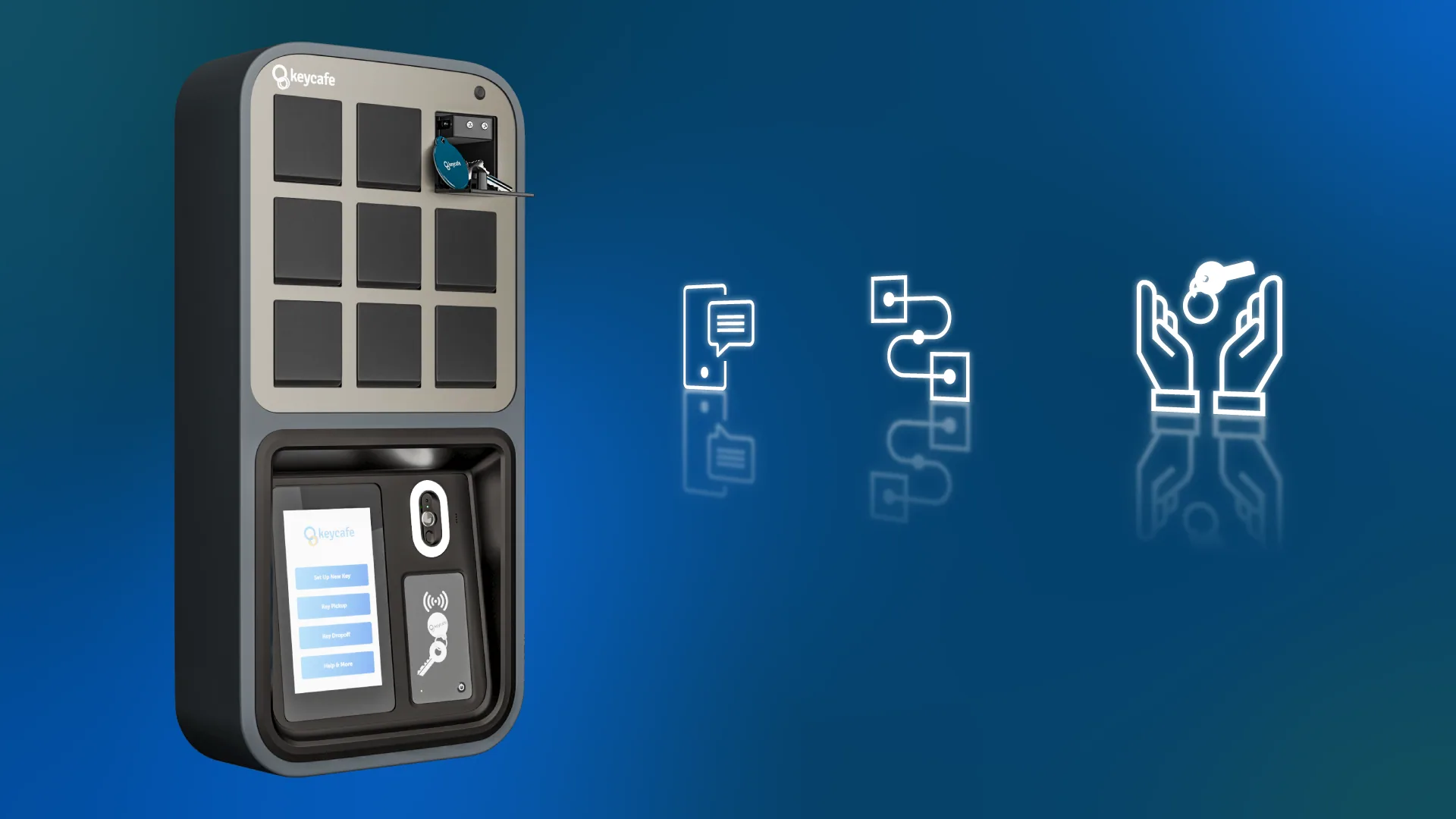 MS5 SmartBox con tres iconos de una alerta de teléfono móvil, integración y manos sosteniendo una llave
