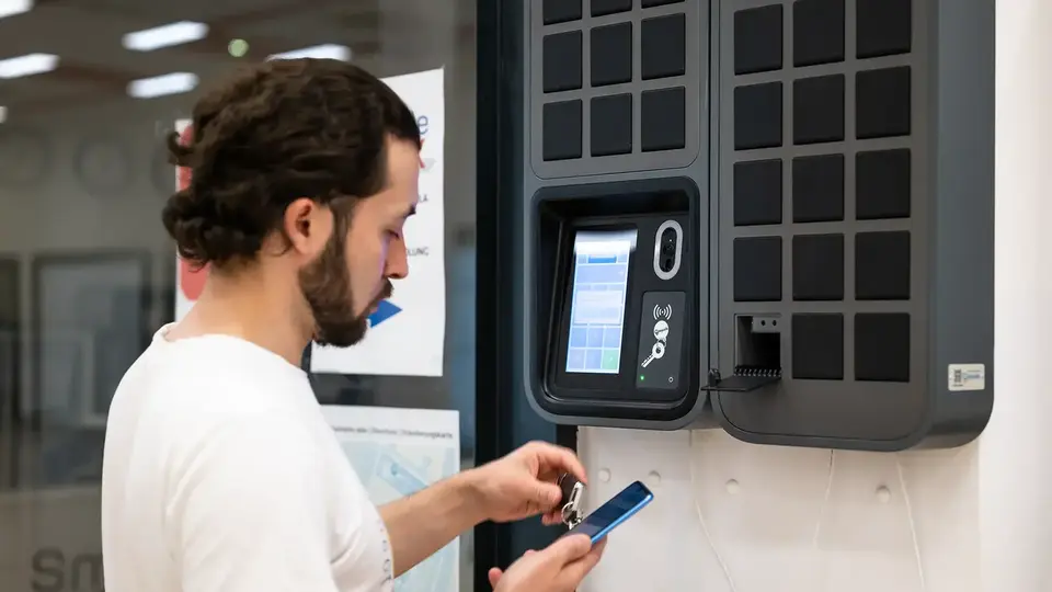 man using the Keycafe app infront of the keycafe smartbox MS5