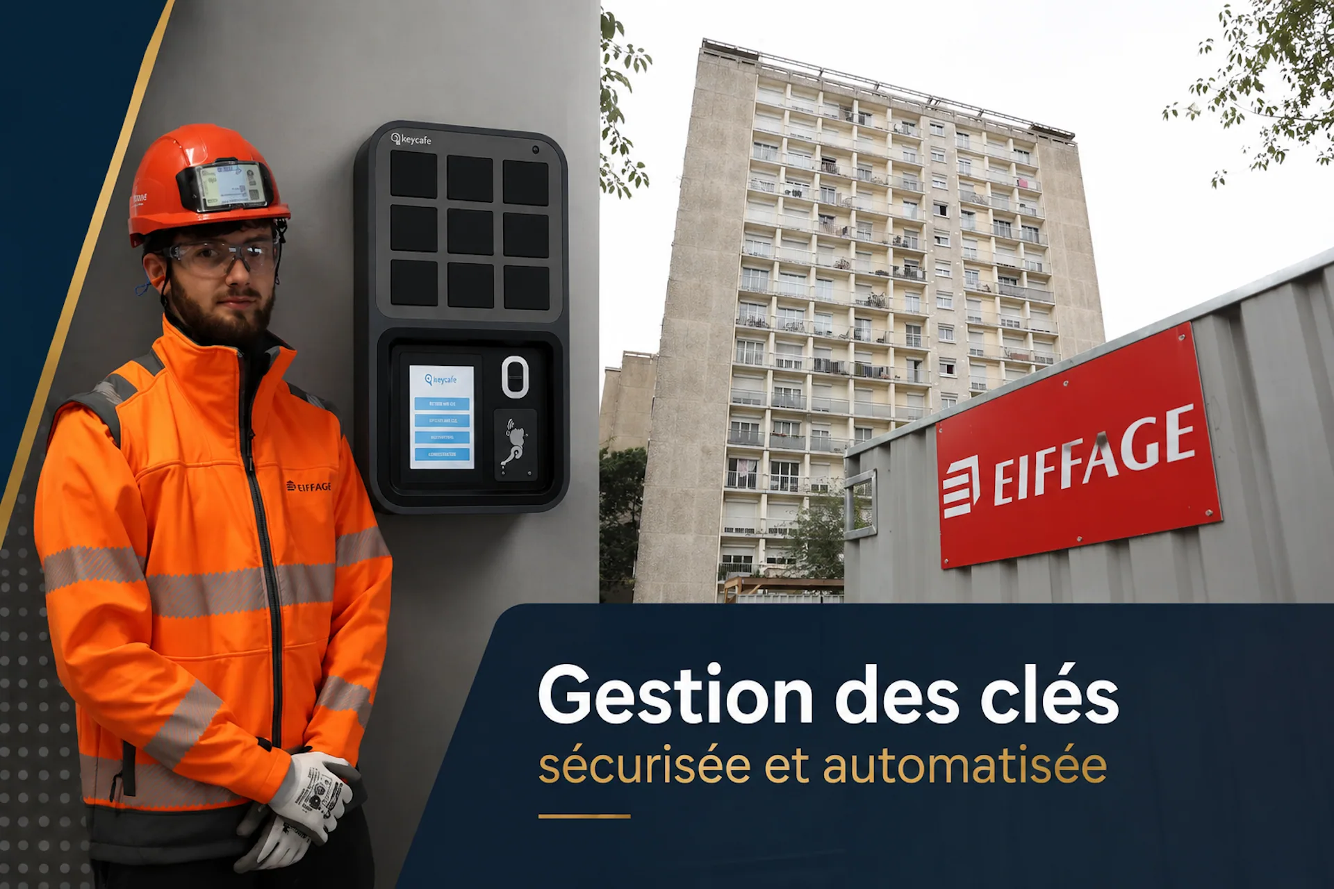 Eiffage construcstion worker in orange uniform standing next to a keycafe smartbox