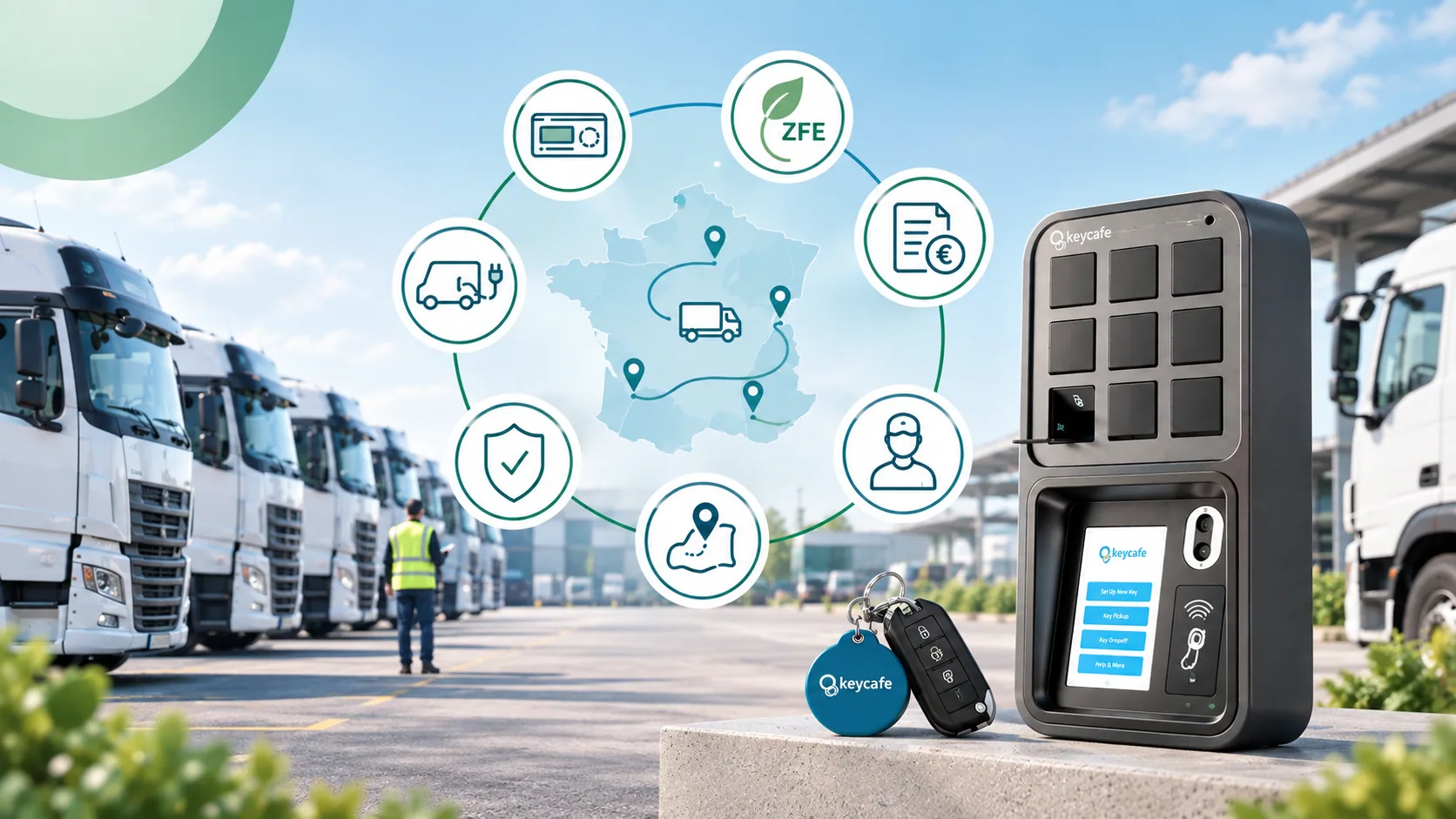 Keycafe SmartBox for electric vehicle key management, shown alongside an electric car and icons representing secure, traceable fleet management.