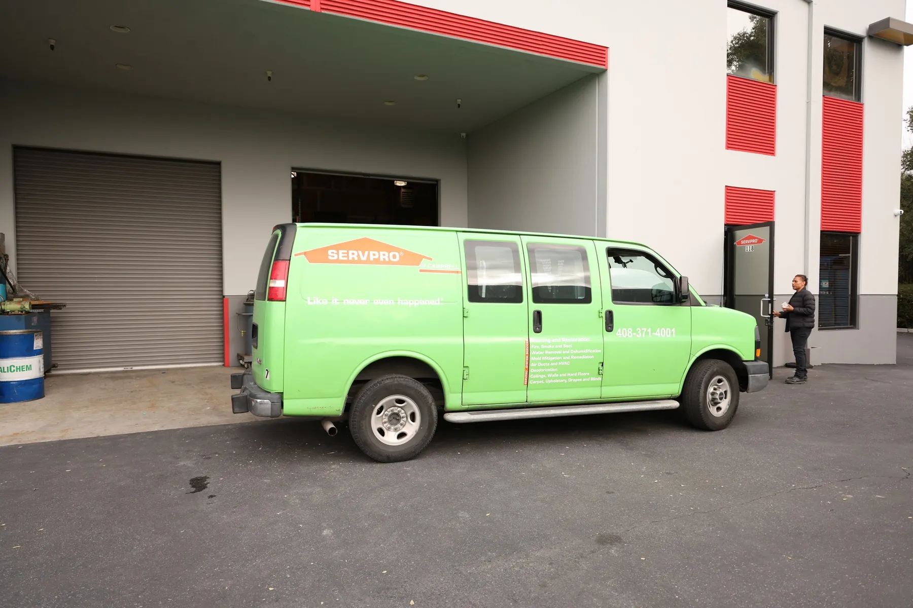 SERVPRO-branded service vehicle outside their warehouse