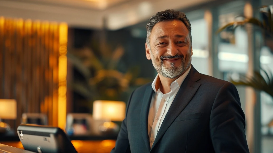 A professional hotel general manager in a dark suit and white shirt smiles at the camera while standing behind a reception desk. The blurred background shows a warmly lit hotel lobby, representing the commitment to reliability and visible organization that shapes positive guest satisfaction.