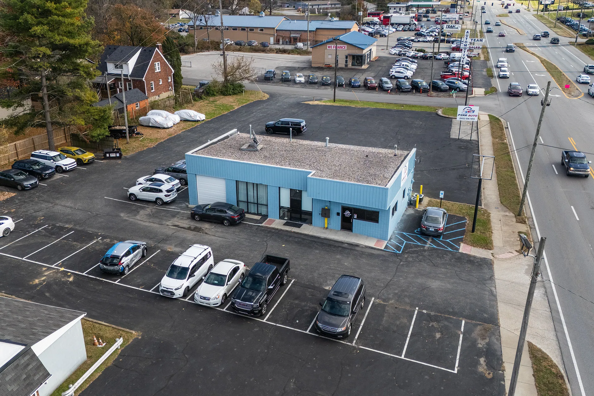 Drone shot of the Price is Right Rental building and parking lot