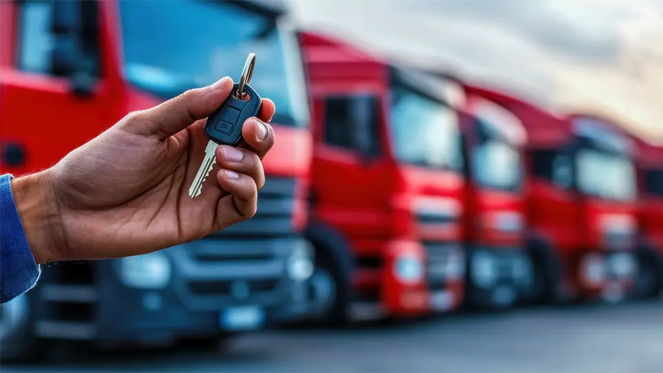 person holding a key in front of a fleet of trucks