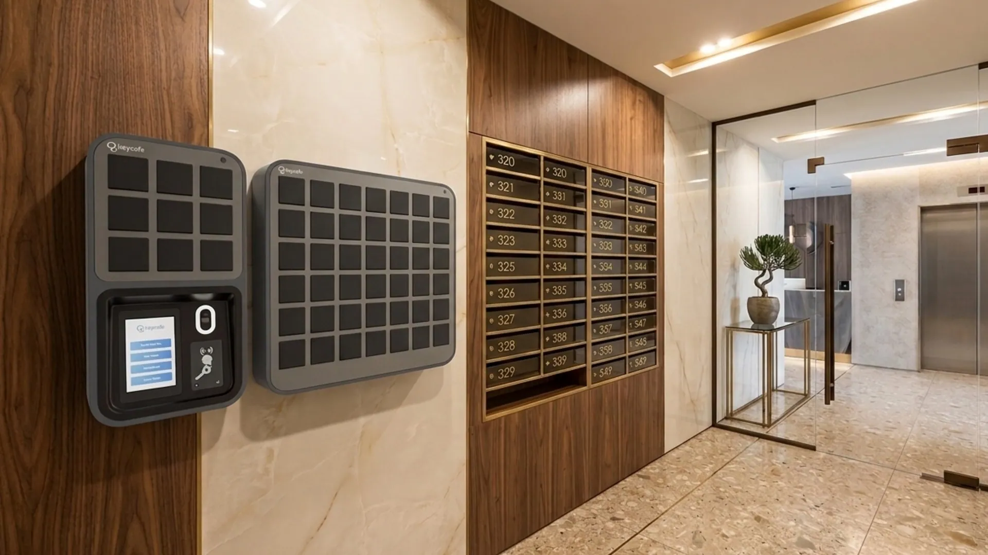 keycafe smartbox wall mounted in a buidling lobby
