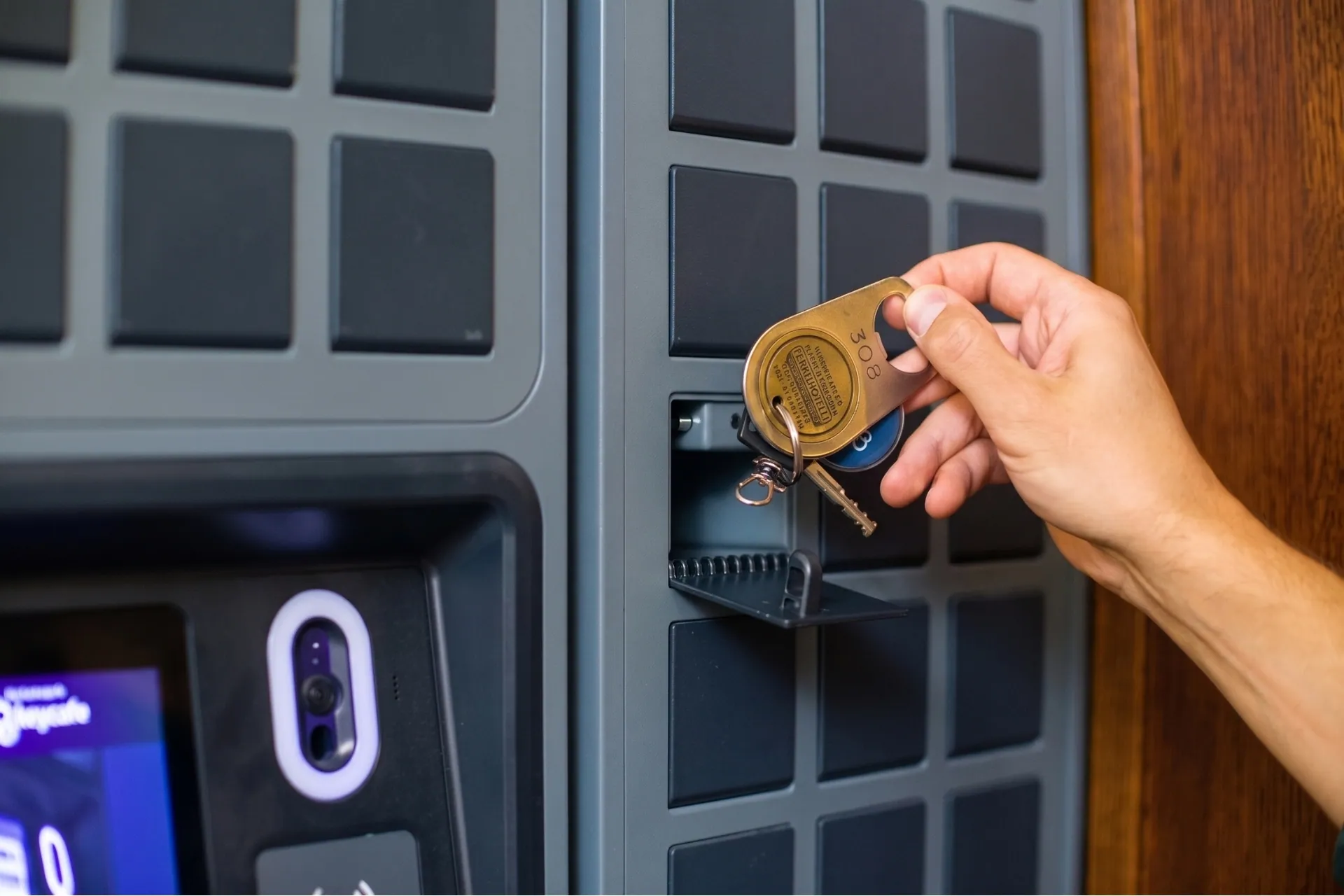 A hand holding a hotel key fob with multiple keys inserts it into an open compartment of a grey Keycafe smart locker.
