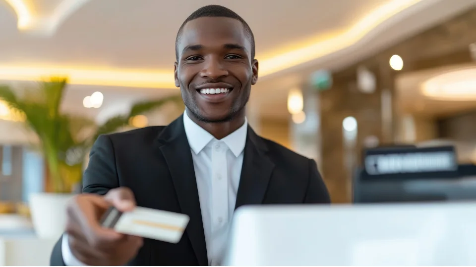 A smiling hotel receptionist in a suit handing a keycard across the front desk, highlighting the importance of secure and efficient guest check-in.