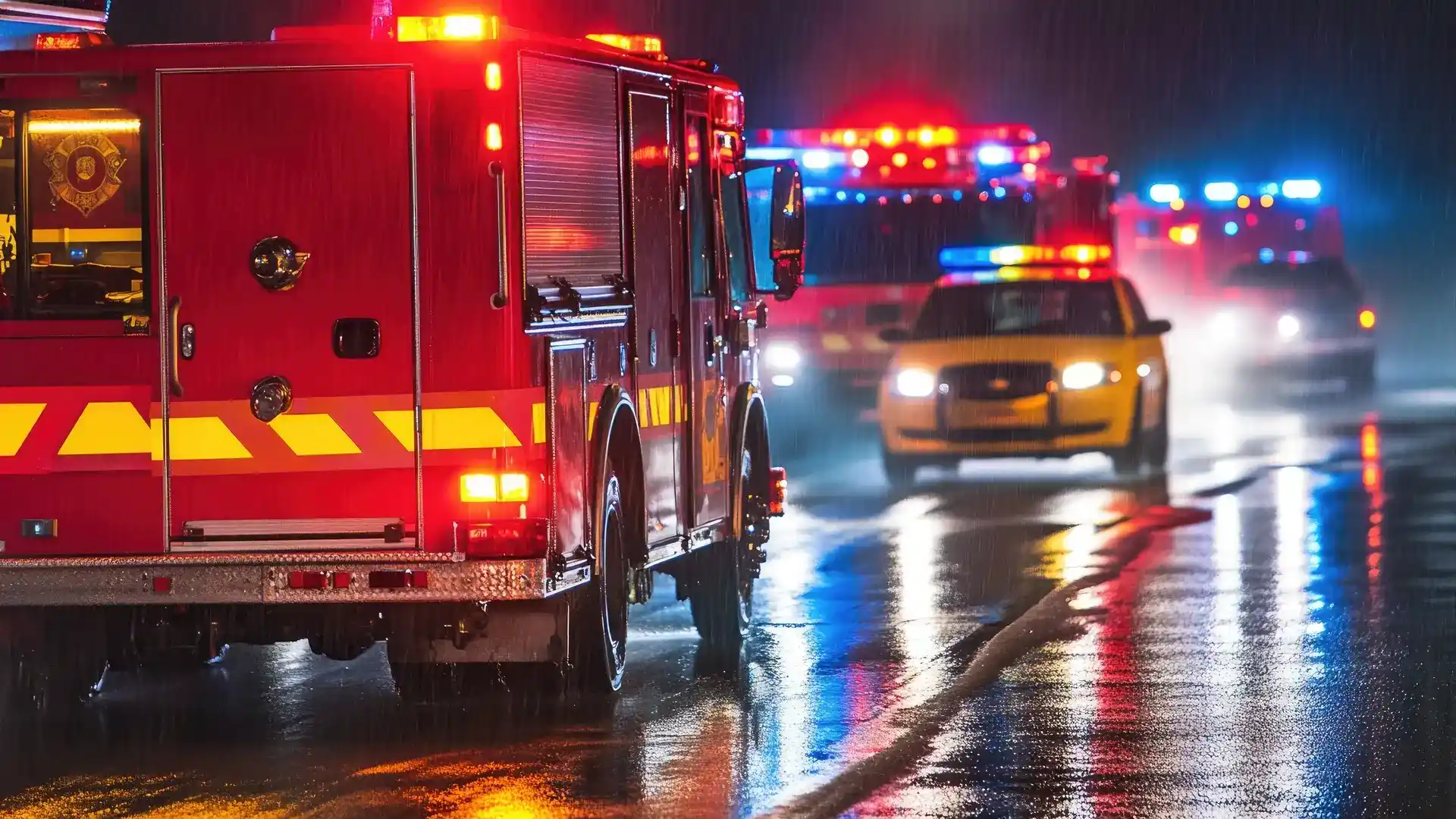 police and fire trucks in the rain