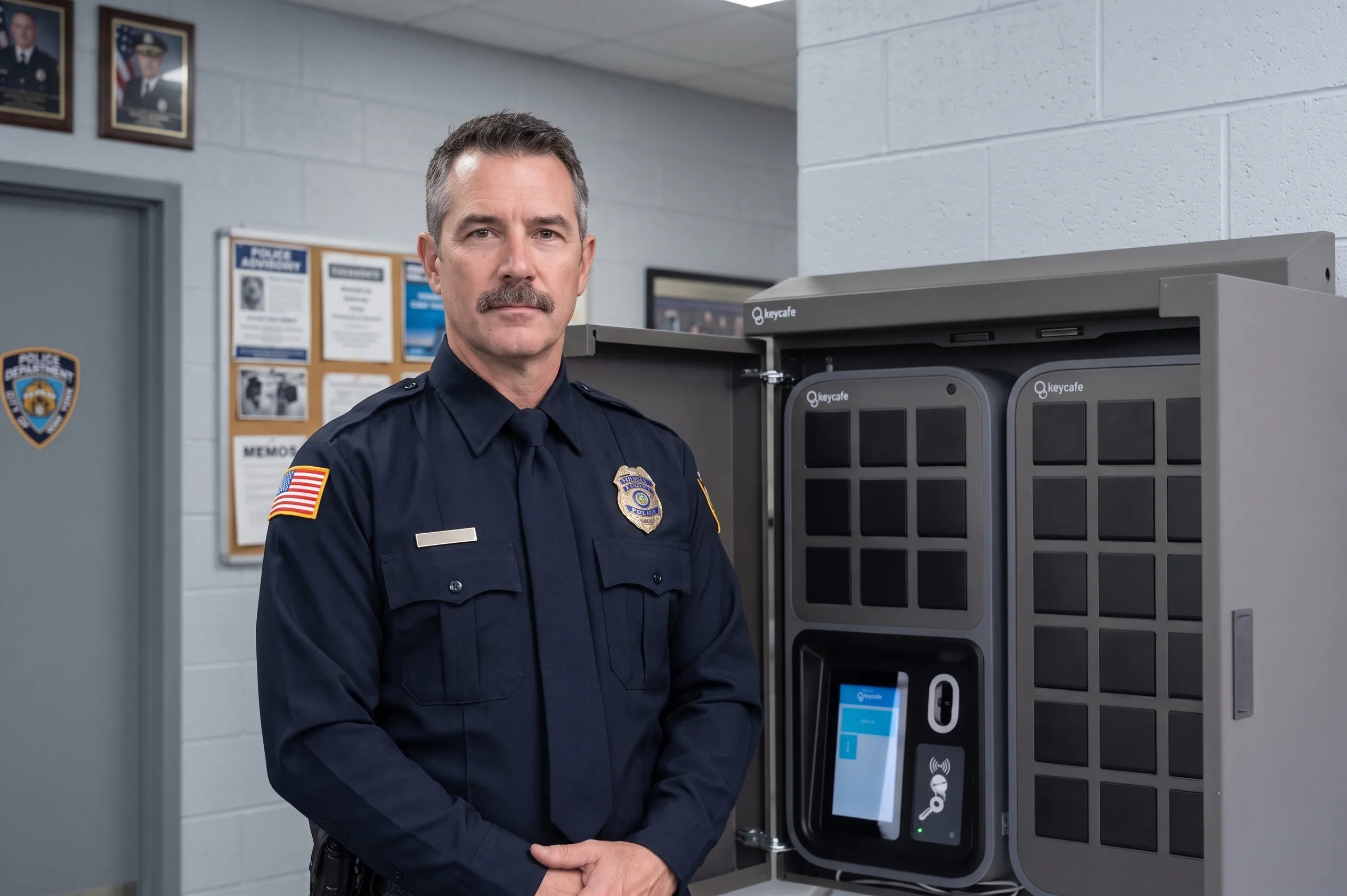 Police officer using a Keycafe automated smart key management system box in a police department office.