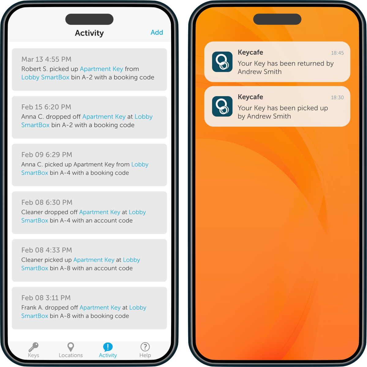 Keycafe app activity feed and push notifications