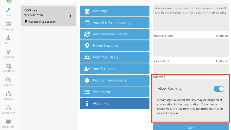 Screenshot dell'impostazione Roaming nell'app Keycafe